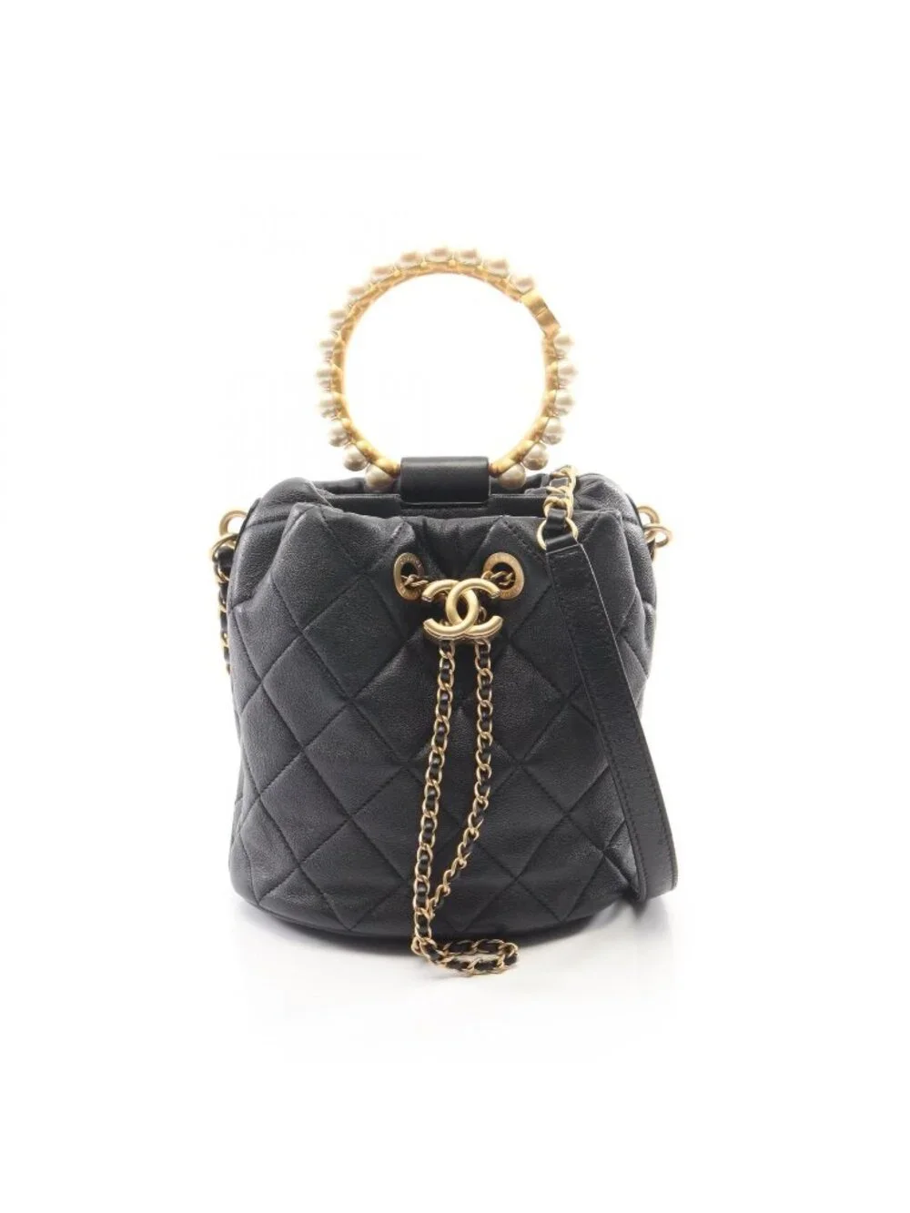 Chanel Shoulder Bag Quilted 2-Way Black Leather Pearl Handle